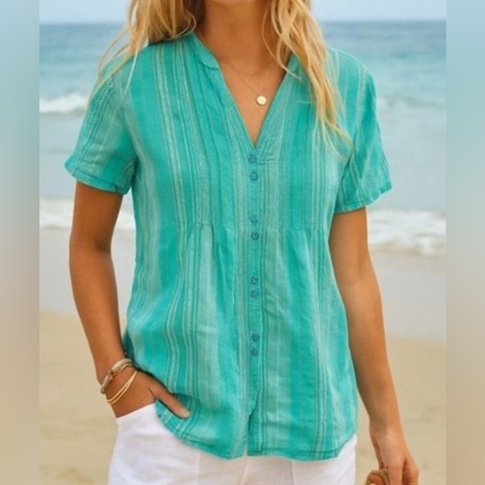 Dressbarn Womens 100% Cotton Blue Striped Button Front Shirt sz 22 Beachy‎ Light